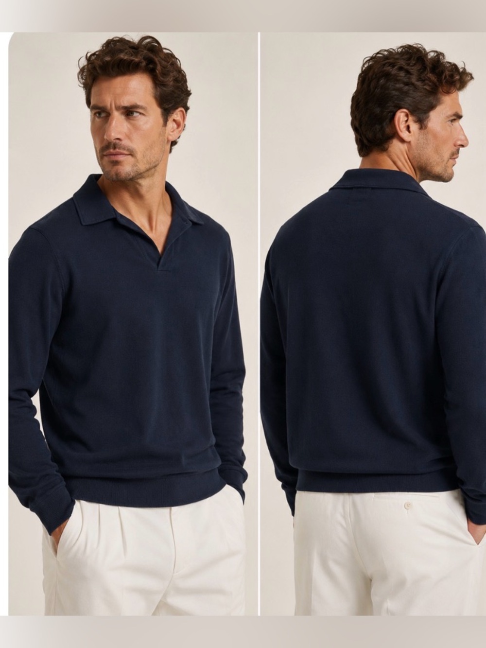 Loro Piana Men’s Navy 100% Cotton Open Collar Knit Pullover Made in Italy